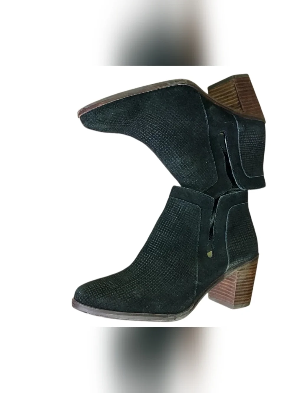 Lucky Brand Black Suede Perforated Ankle Booties with Brown Stacked Heel